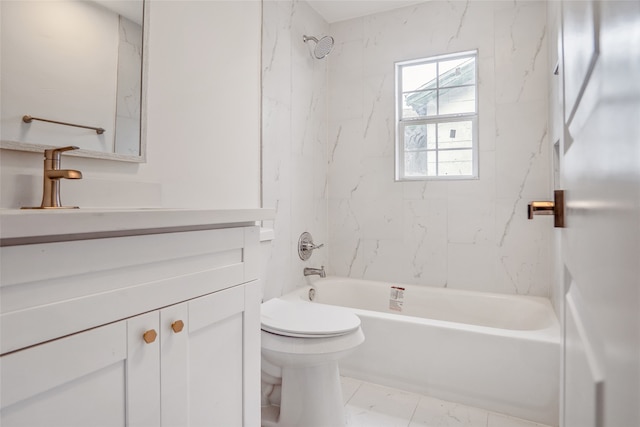 full bathroom featuring tile flooring, tiled shower / bath, toilet, and vanity