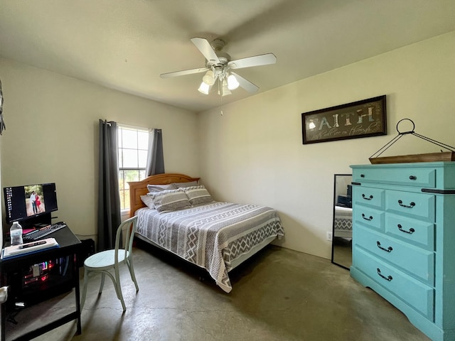 bedroom with concrete floors and ceiling fan