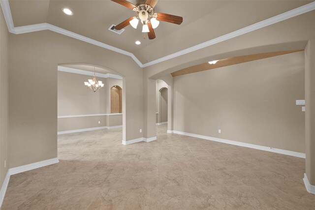 empty room with lofted ceiling, ornamental molding, and ceiling fan with notable chandelier