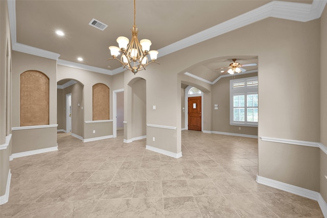 unfurnished room featuring ornamental molding and ceiling fan with notable chandelier