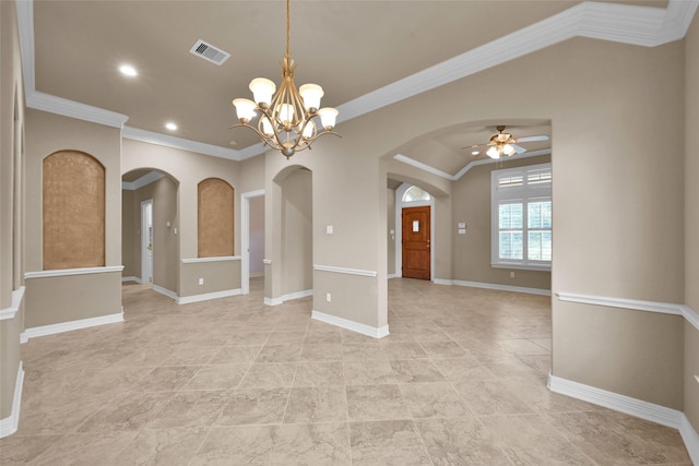 spare room with crown molding, lofted ceiling, and ceiling fan with notable chandelier