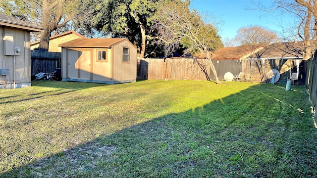 view of yard featuring a storage shed