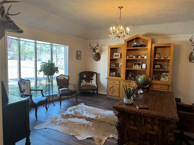 office featuring ornamental molding, a textured ceiling, a chandelier, and dark wood-type flooring