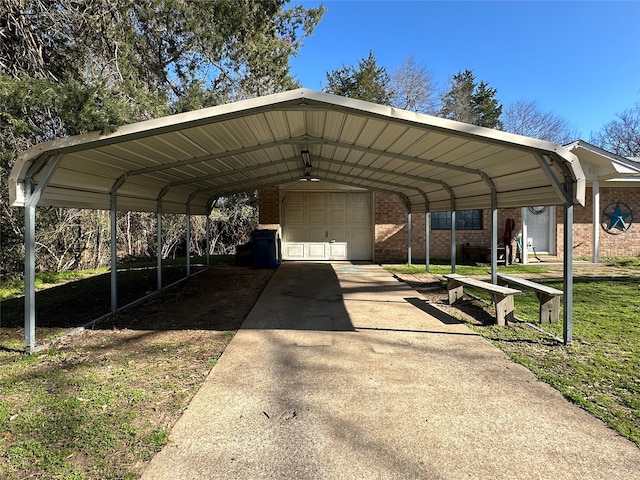 view of vehicle parking with a lawn and a carport