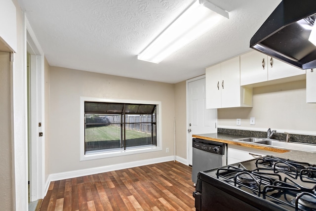 kitchen with dark hardwood / wood-style floors, sink, white cabinets, dishwasher, and extractor fan