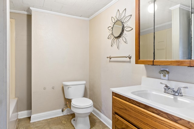 full bathroom featuring  shower combination, toilet, vanity, ornamental molding, and tile floors