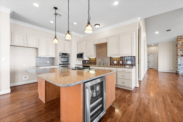 kitchen featuring a center island, backsplash, wine cooler, dark hardwood / wood-style flooring, and white cabinetry