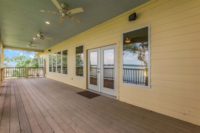 deck featuring french doors and ceiling fan