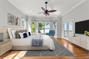 bedroom featuring ceiling fan, crown molding, access to outside, and hardwood / wood-style floors