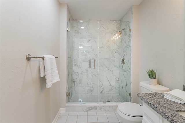 bathroom with vanity, an enclosed shower, tile patterned flooring, and toilet