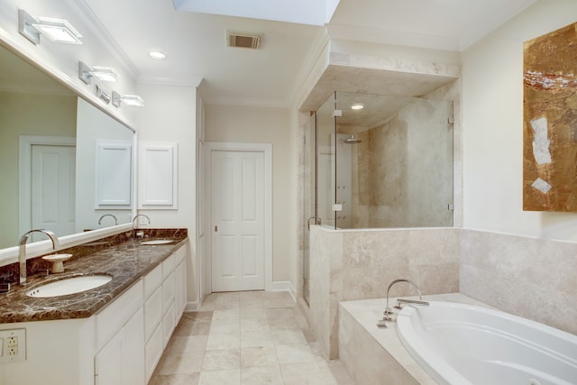 bathroom featuring vanity with extensive cabinet space, shower with separate bathtub, double sink, tile floors, and ornamental molding