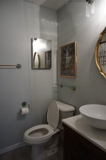 bathroom featuring toilet, a textured ceiling, and vanity