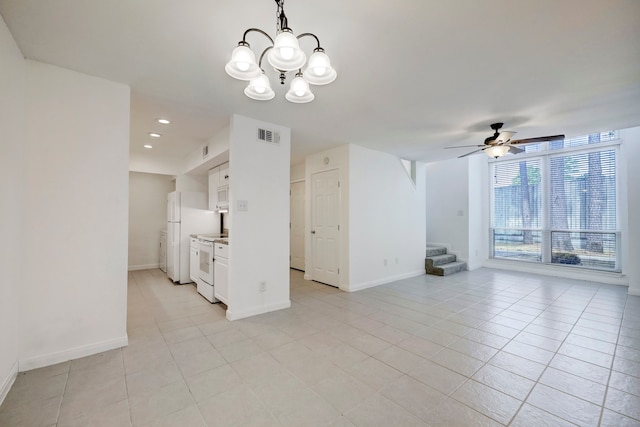 unfurnished living room featuring light tile flooring and ceiling fan with notable chandelier