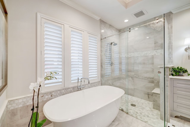 bathroom featuring tile patterned floors, separate shower and tub, and crown molding