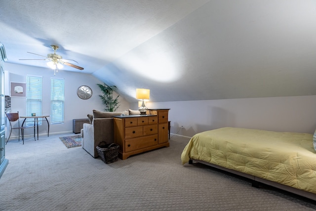 bedroom featuring light colored carpet, ceiling fan, and lofted ceiling