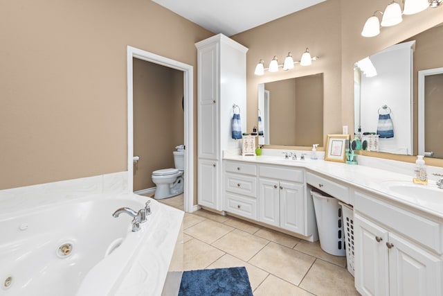 bathroom with tile flooring, dual sinks, vanity with extensive cabinet space, and toilet