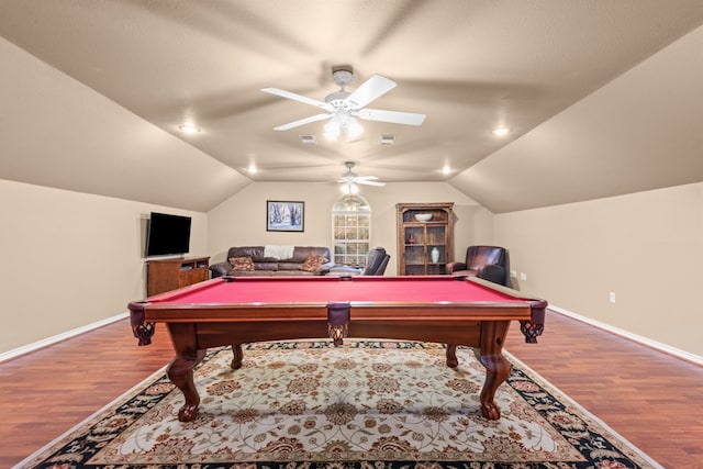 game room with lofted ceiling, billiards, and wood-type flooring