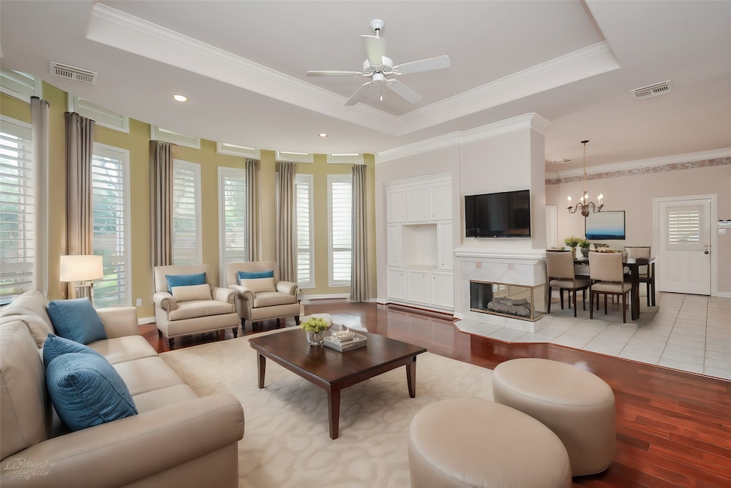 living room with a raised ceiling, a healthy amount of sunlight, and a fireplace