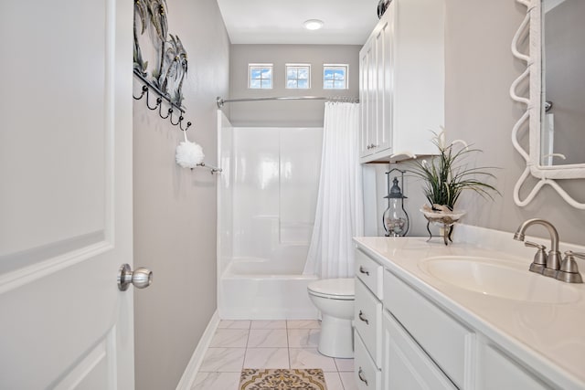 full bathroom with shower / tub combo, vanity, tile flooring, and toilet