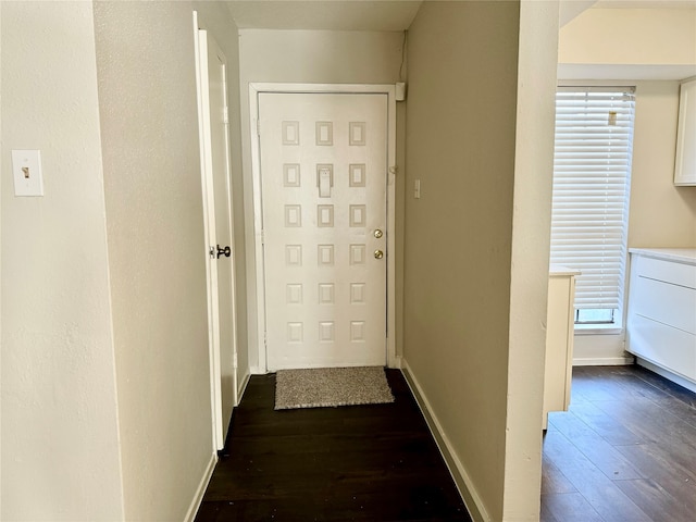 hall with a wealth of natural light and dark wood-type flooring