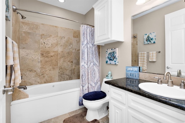 full bathroom featuring vanity, shower / bathtub combination with curtain, and toilet