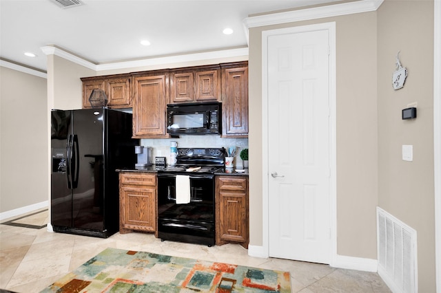 kitchen featuring tasteful backsplash, light tile patterned floors, crown molding, and black appliances