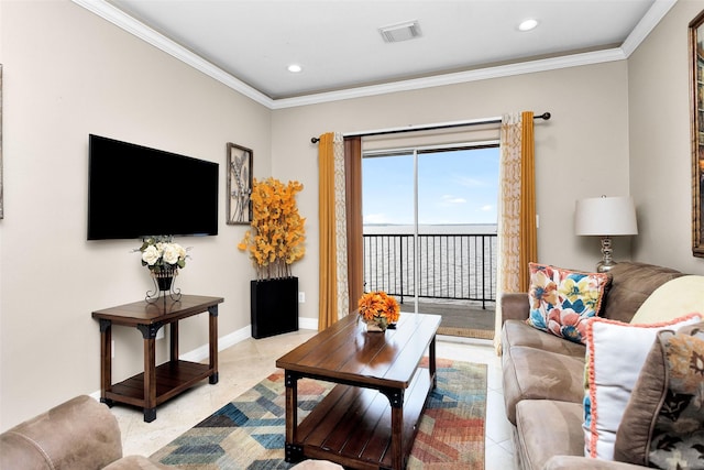 tiled living room with ornamental molding