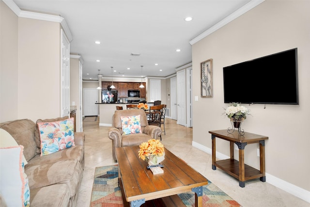 tiled living room with ornamental molding