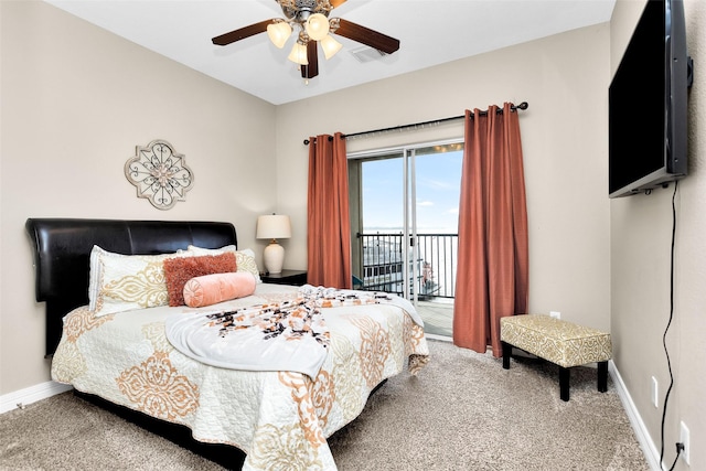 carpeted bedroom with access to outside and ceiling fan