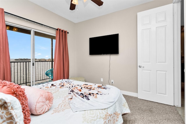 carpeted bedroom with access to outside and ceiling fan