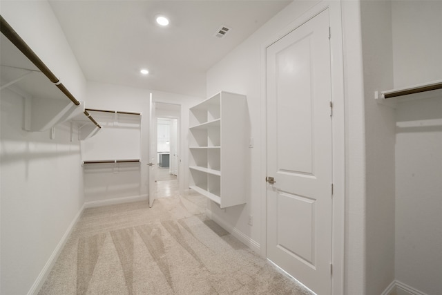 walk in closet with light carpet