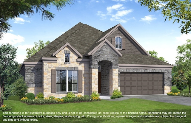 view of front of home with a garage and a front lawn