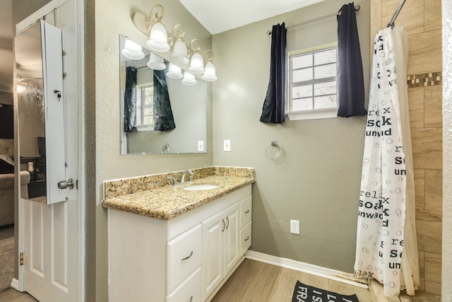 bathroom featuring hardwood / wood-style floors and vanity with extensive cabinet space