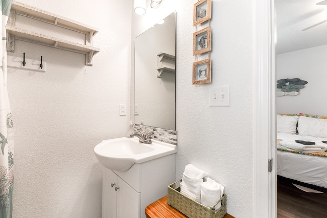 bathroom with vanity and wood-type flooring