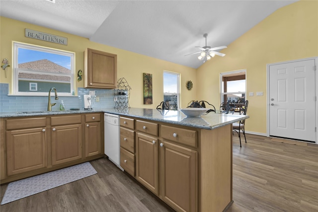 kitchen with hardwood / wood-style floors, lofted ceiling, backsplash, and ceiling fan