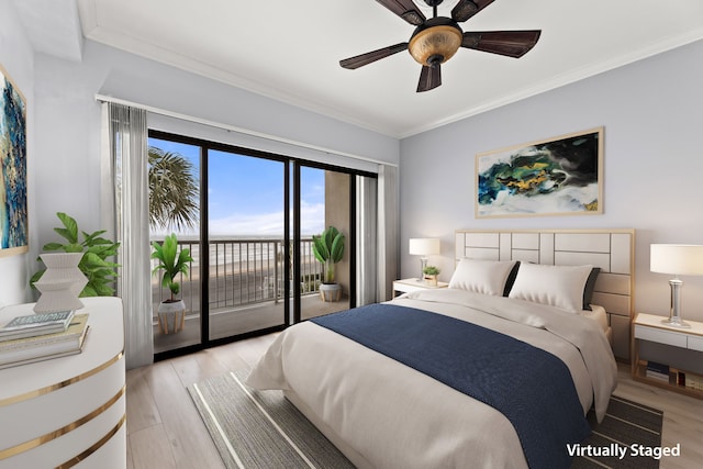 bedroom with light hardwood / wood-style flooring, ceiling fan, access to outside, and crown molding