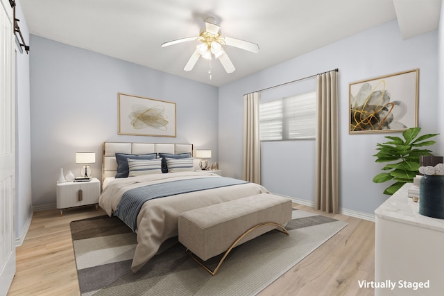 bedroom with ceiling fan and light wood-type flooring