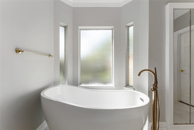 bathroom featuring ornamental molding and a bath