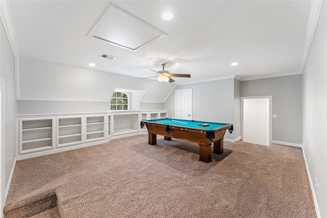 playroom with ornamental molding, billiards, carpet flooring, and ceiling fan