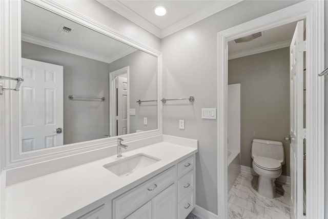 bathroom featuring crown molding, vanity, and toilet