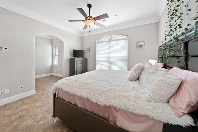 bedroom with multiple windows, light tile patterned floors, crown molding, and ceiling fan