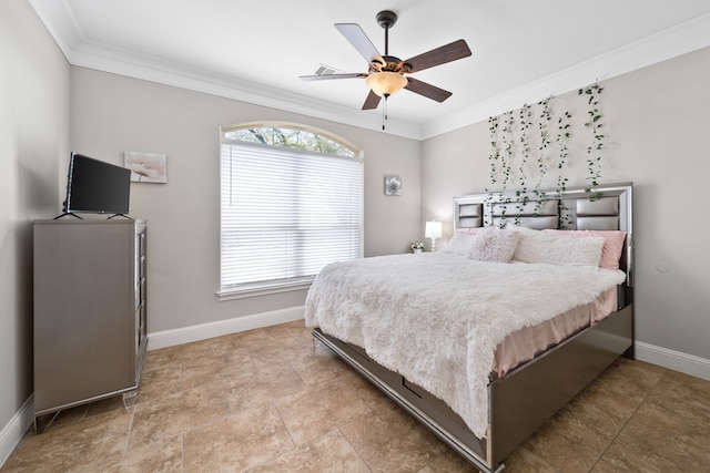 bedroom featuring crown molding and ceiling fan