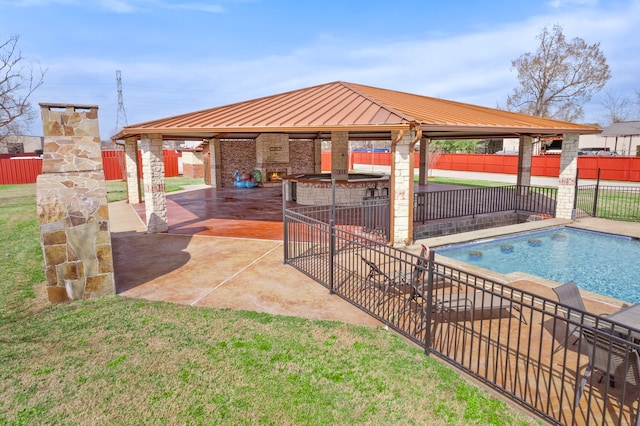 view of swimming pool with a gazebo, a lawn, a patio area, and a jacuzzi