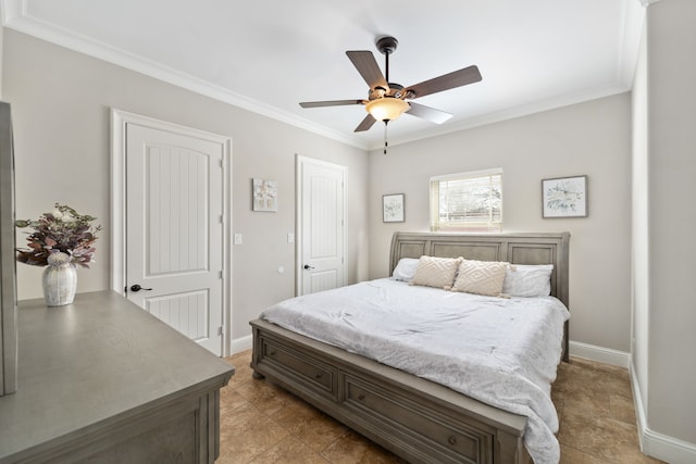 tiled bedroom featuring ornamental molding and ceiling fan