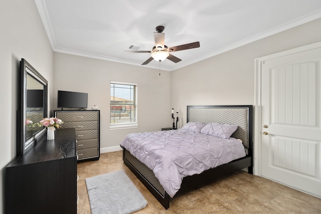 bedroom featuring crown molding and ceiling fan