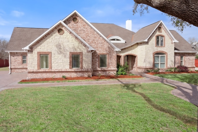 french country inspired facade with a front yard