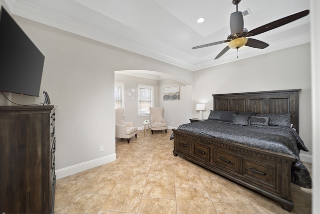 bedroom with crown molding and ceiling fan