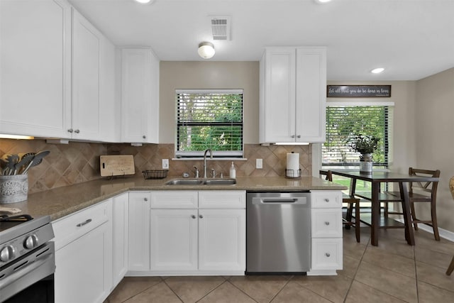 kitchen with sink, white cabinetry, tasteful backsplash, and appliances with stainless steel finishes