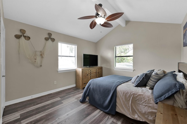 bedroom with ceiling fan, vaulted ceiling with beams, and dark wood-type flooring