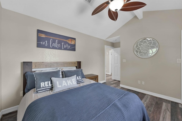 bedroom with lofted ceiling with beams, ceiling fan, and dark hardwood / wood-style floors